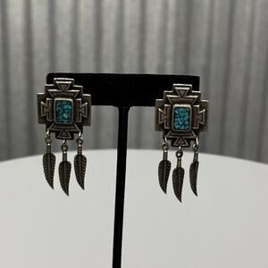 Southwest Turquoise Feather Earrings Tribal Boho Stud Dangles Silver Tone‎